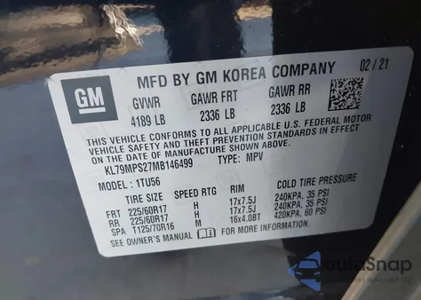 2021 Chevrolet Trailblazer Fwd Lt z USA, uszkodzony, nr VIN KL79MPS27MB146499